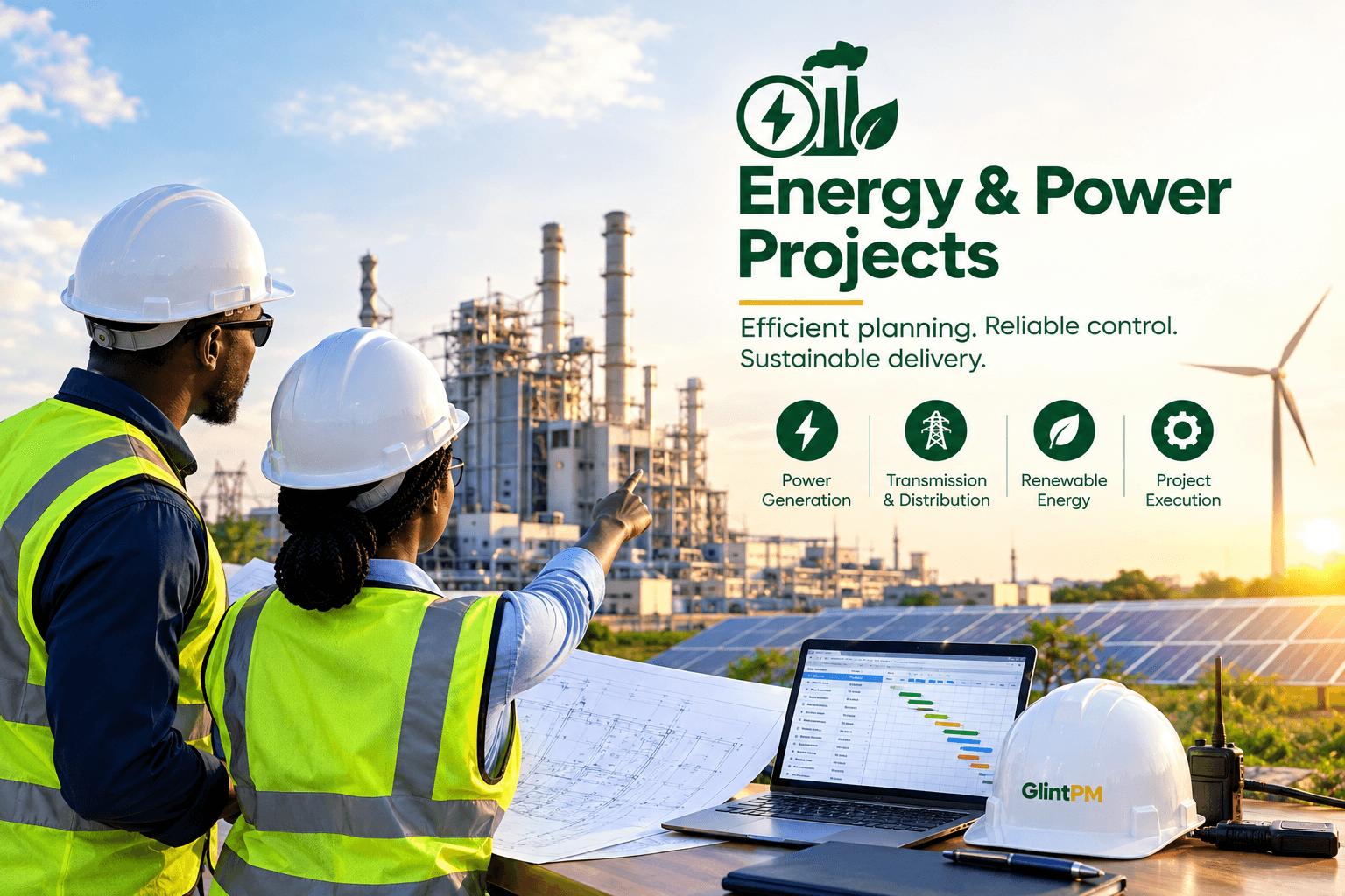 Energy & power project team on site near a power generation facility