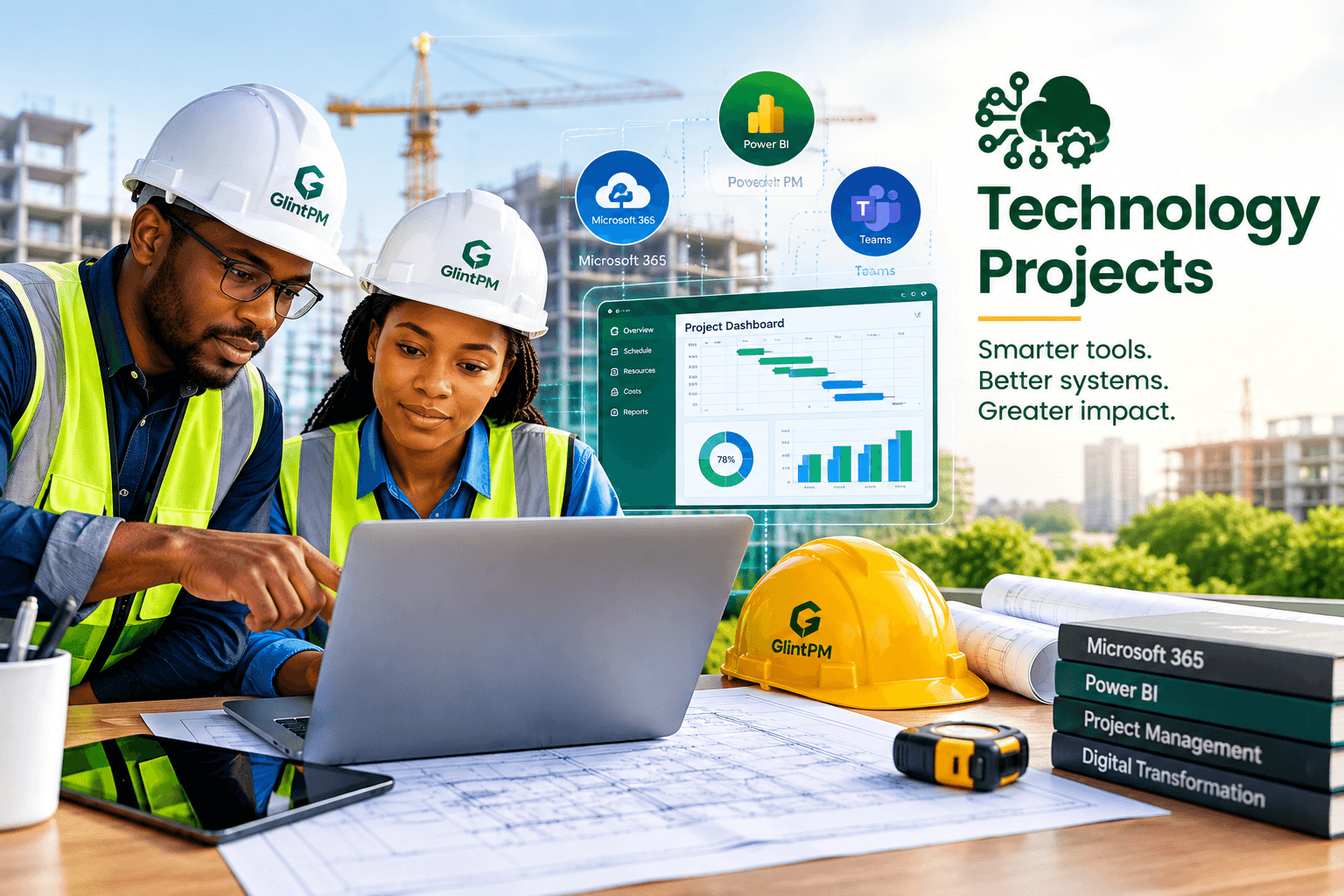 Technology project team using digital project management tools on site