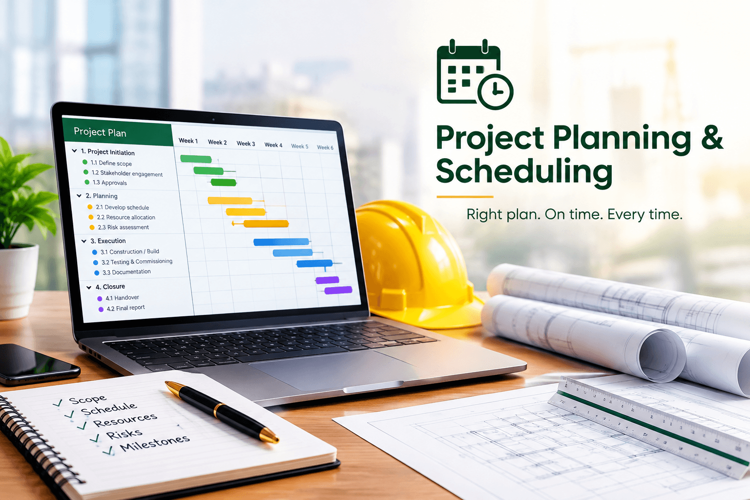 Project planning and scheduling Gantt chart reviewed on a laptop at a construction site