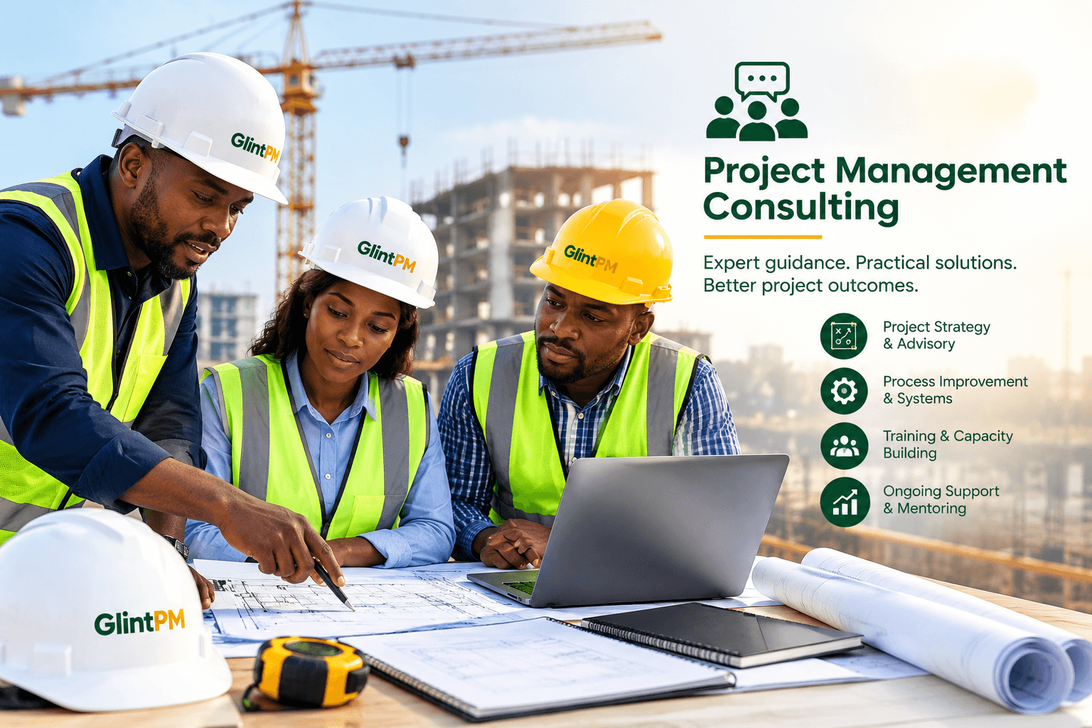 Project management consultants reviewing plans on a construction site