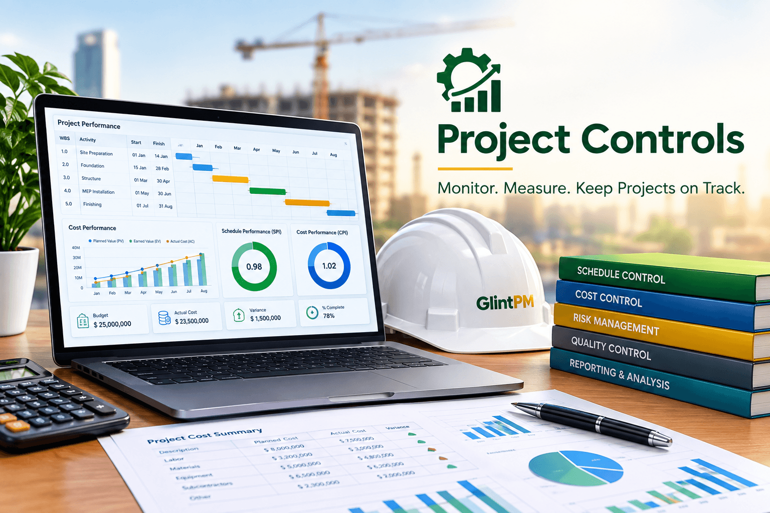 Project controls dashboard showing schedule performance and cost performance indices